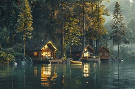 Premium Photo Peaceful Lakeside Cabins Surrounded By Tall Trees