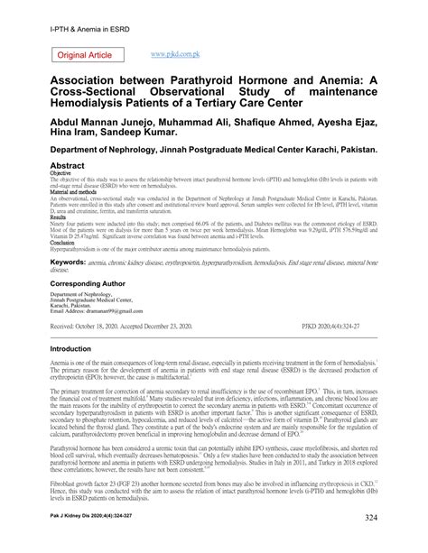 Pdf Association Between Parathyroid Hormone And Anemia A Cross