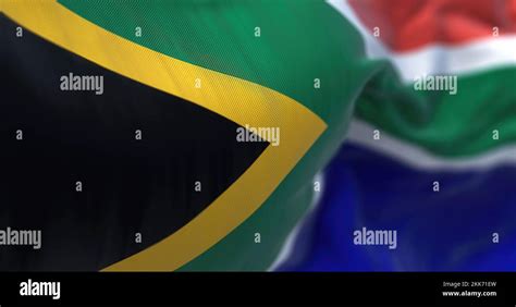 Close Up View Of The South Africa National Flag Waving In The Wind The