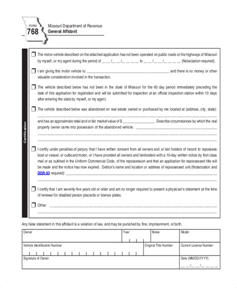 Printable Blank Affidavit Form Missouri