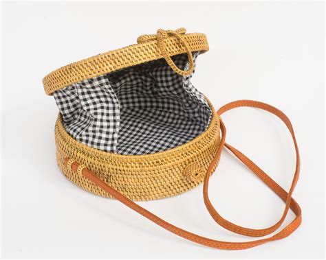 Open Weave Gingham Round Wicker Straw Bag