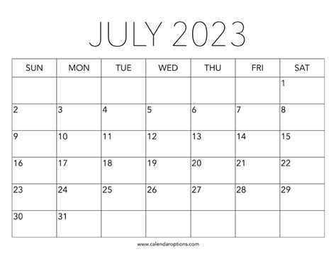 Printable July Calendar Calendar Options