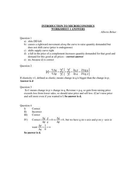 Introduction To Microeconomics Worksheet 1