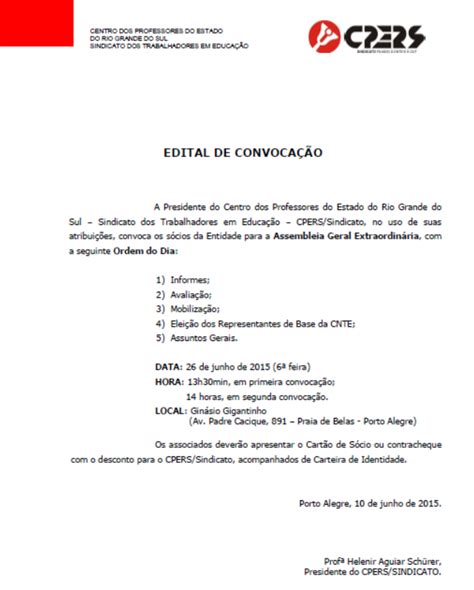 Edital De Convoca O Para A Assembleia Geral Do Cpers