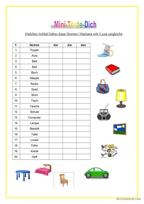 Mini Teste Dich Bestimmter Artikel Deutsch DAF Arbeitsblätter pdf doc