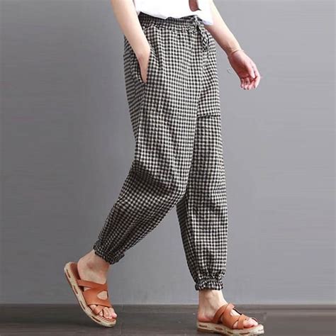 Gathered Hem Gingham Pants Elk Harem Pants Casual Women Gingham Pants