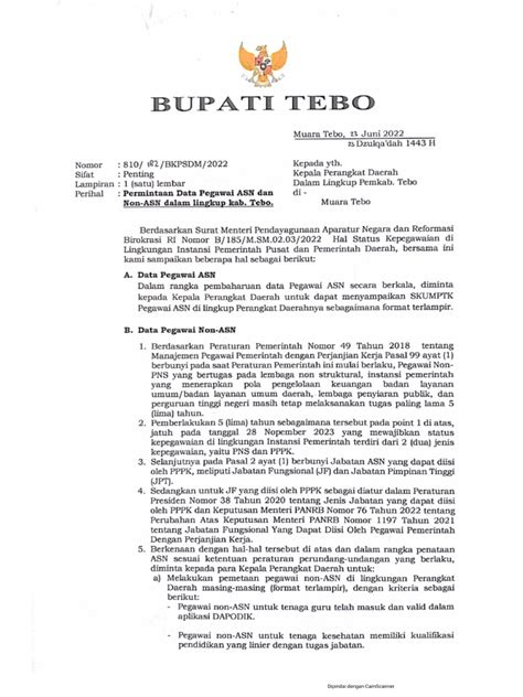 Surat Bupati Tebo Tentang Permintaan Data Pegawai Asn Dan Non Asn Dalam