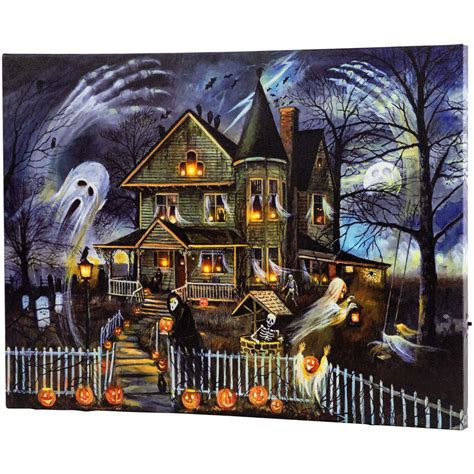 Small LED Lighted Creepy Haunted House Halloween Canvas Wall Art 12" x ...