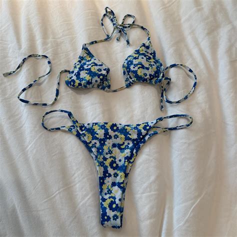 Blue And Yellow Floral Bikini Set Size Small Never Depop