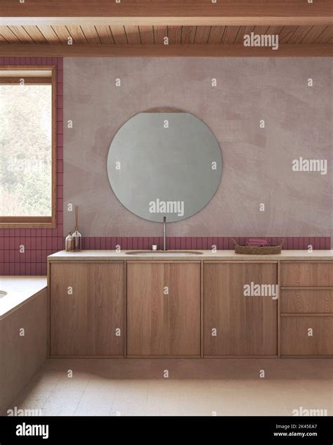 Japandi Minimalist Bathroom In Red And Beige Tones Marble And Wooden