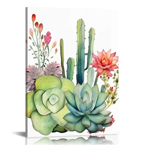 Jeuxus Green Succulent Cactus Canvas Wall Art Watercolor Tropical