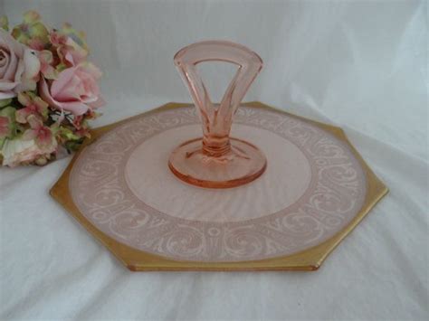 Pink Etched Tidbit Sandwich Center Handle Tray With Gold Band Etsy Vintage Glassware Glass