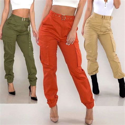 Pantalon Cargo Kaki Taille Haute Pour Femme Jean Slim Streetwear à La