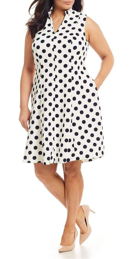 Jessica Howard Plus Size Polka Dot V Neck Collar Fit And Flare Dress