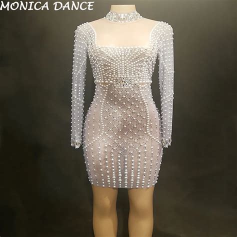 Women Sexy Stage Net Yarn Short Dress Full Bling Pearls Silver Sparkling Crystals Nightclub