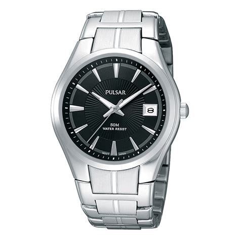 Pulsar Mens Silver Tone Stainless Steel Black Dial Watch