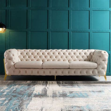 Beige Modern 91 Chesterfield Sofa 3 Seater Button Tufted Back Leath