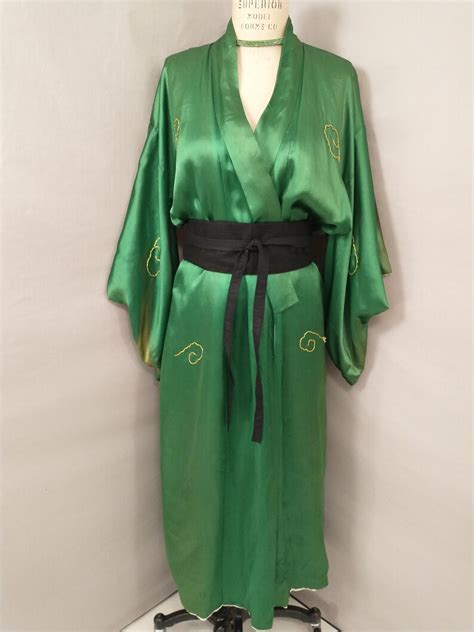 Emerald Green Kimono Robe Vintage Hand Embroidered Long Etsy