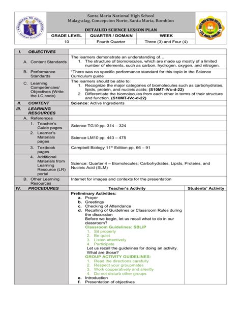 Biomolecules Detailed Lesson Plan