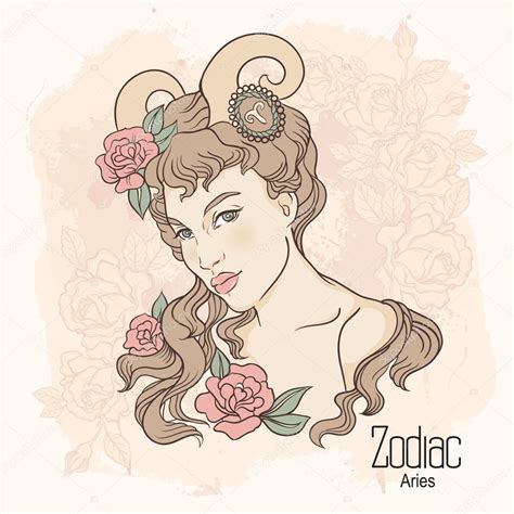 Zodíaco Ilustración Vectorial De Aries Como Niña Con Flores Desig