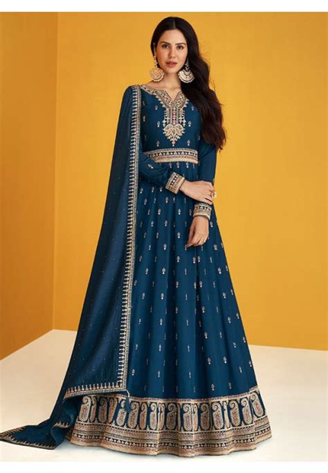 Sonam Bajwa Peacock Blue Embroidered Silk Anarkali Suit YS85102