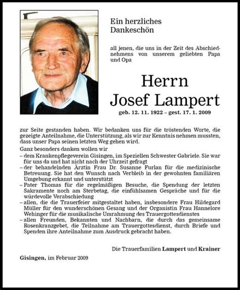 Todesanzeigen Von Josef Lampert Todesanzeigen Vorarlberger Nachrichten