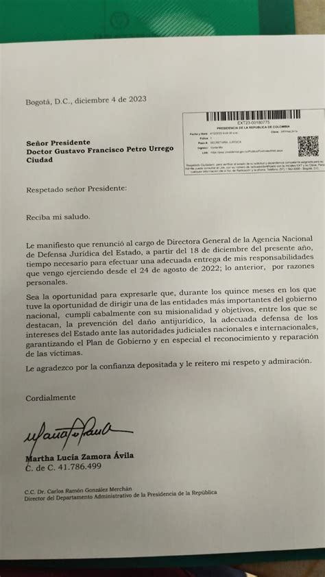 Esta Es La Carta De Renuncia Que Present Martha Luc A Zamora Luego De