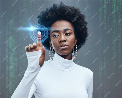 Premium Photo | Futuristic hologram and black woman with technology in