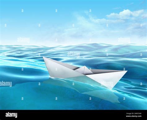 Origami Paper Boat Floating In A Sea Digital Illustration Stock Photo