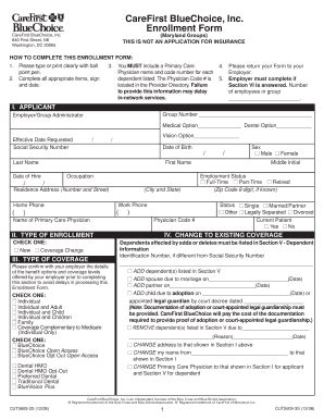 Fillable Online Hood CareFirst BlueChoice Inc Enrollment Form Hood