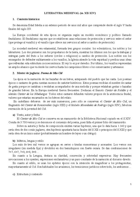 Apuntes De Literatura Medieval 2 Literatura Medieval Ss Xii Xiv Contexto Histórico Se