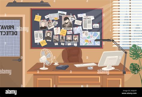 Detective Office Work Place Interior Flat Vector Stock Vector Image