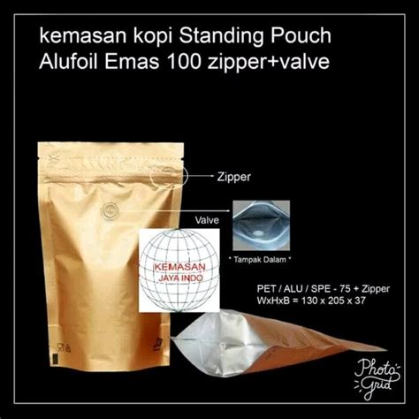 Jual Kemasan Kopi Alufoil Emas 100 Gr Zipper N Valve Standing Pouch