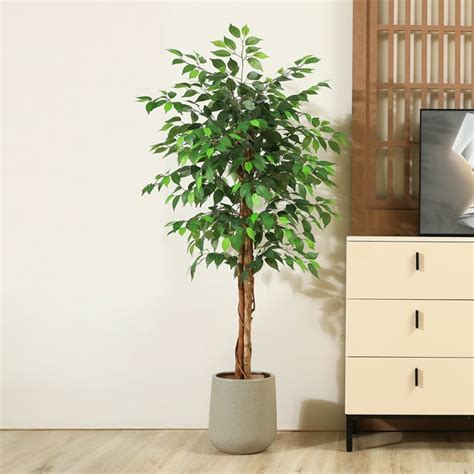 5ft Tall Artificial Ficus Tree With Natural Wood Trunk Silk Faux Plant For Office Home Decor