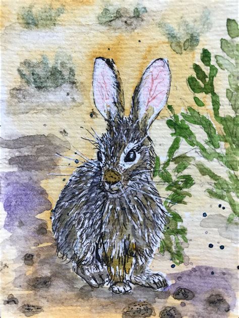 Aceo Original Watercolor Ink Painting Desert Cottontail Rabbit