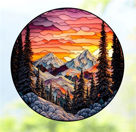 Mountains Trees WINDOW CLING Faux Stained Glass Suncatcher Snowy