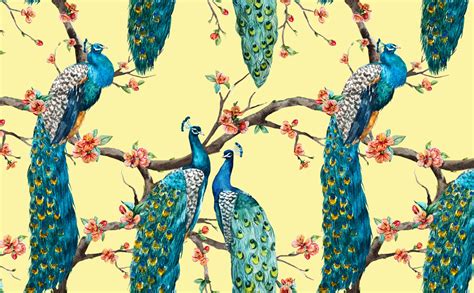 Peacocks And Flowers Wallpaper For Walls Victorian Peacocks On Yellow