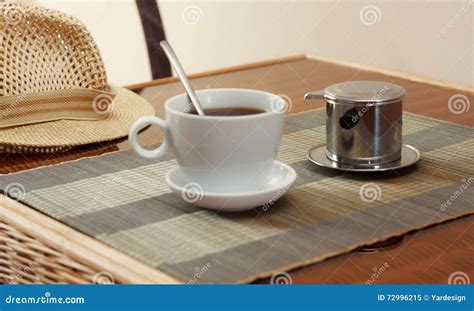 Morning Coffee Served in Vietnam Coffee Filter on Rattan Table, Natural Light Photo Stock Image ...