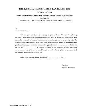 Fillable Online THE KERALA VALUE ADDED TAX RULES 2005 FORM NO 55 Fax