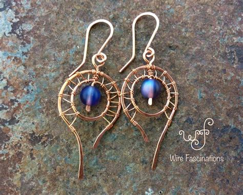 Handmade Copper Earrings Wire Wrap Teardrop Encircling Purple Czech