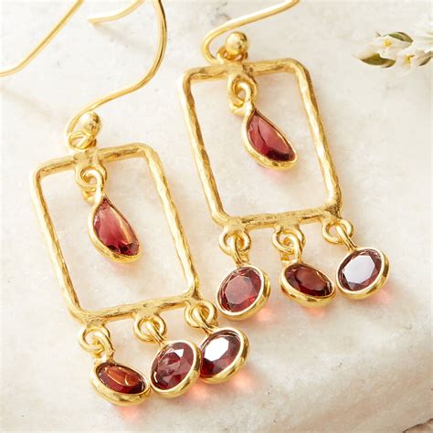 Garnet Gold Plated Silver Rectangle Drop Earrings By Rochejewels