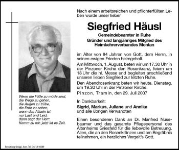 Traueranzeigen von Siegfried Häusl Trauer bz