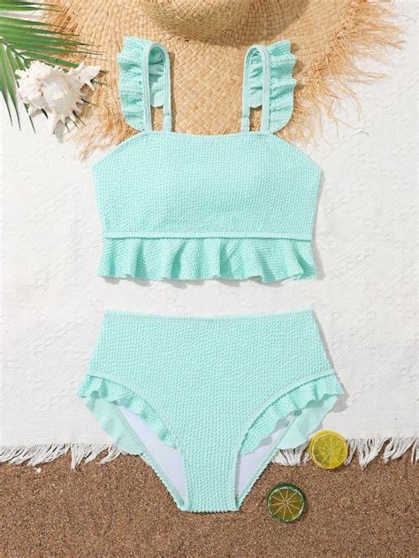 Tween Girl Plain Spaghetti Strap Bikini Top With Ruffle Trim Special Fabric Shein Usa