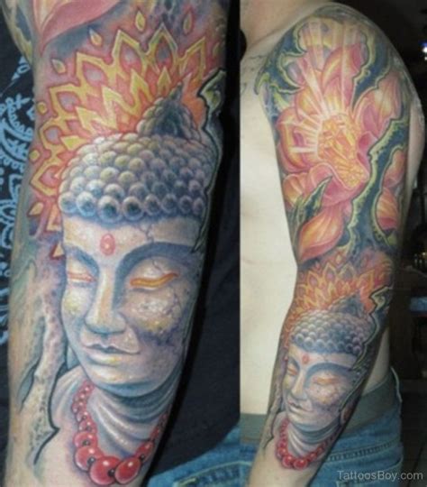 Flower And Buddha Tattoo On Full Sleeve Tattoos Designs