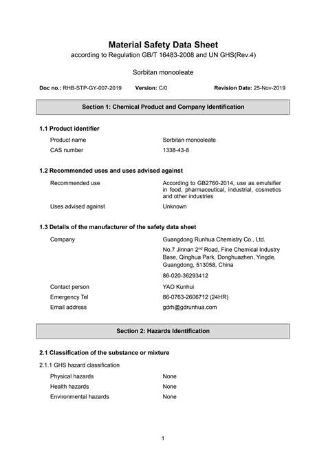 Sorbitan Monooleate Msds Material Safety Data Sheet By Huanachemical Issuu