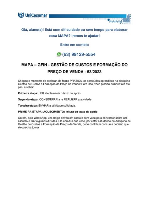 Mapa Gfin GestÃo De Custos E FormaÇÃo Do PreÇo De Venda 532023