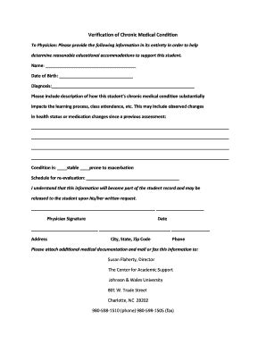 Fillable Online Jwu Verification Of Chronic Medical Condition Form