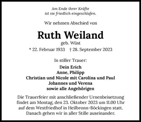 Traueranzeigen Von Ruth Weiland Trauerundgedenken De