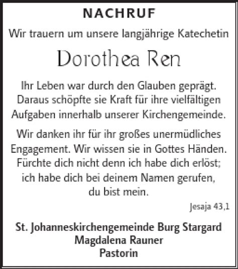 Traueranzeigen Von Dorothea Ren Trauer Nordkurier