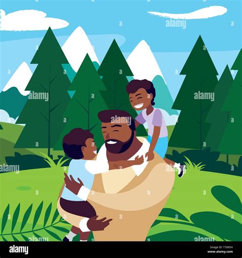 Afro Father With Sons Characters In The Field Vector Illustration